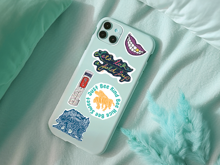 Teal phone case showcases colorful stickers