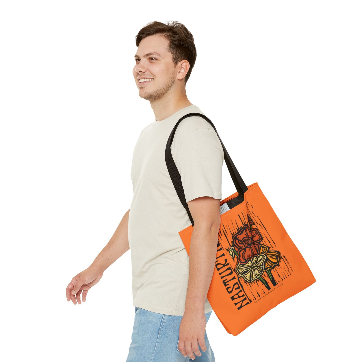 Tote Bag Nasturtium Flower Printmaking Handmade Bold Orange Yellow