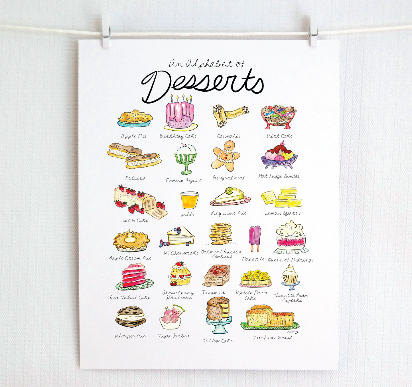 Watercolor illustrations of 26 desserts for every letter of the alphabet on a white background. Decorative handwritten font describes each delicacy. Pastel colors.