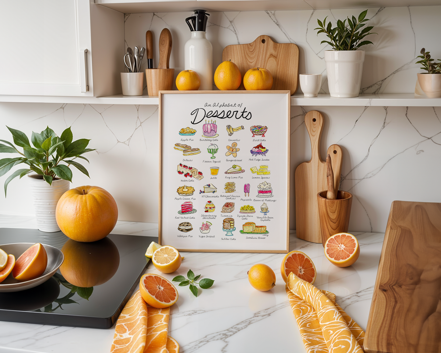Watercolor illustrations of 26 desserts for every letter of the alphabet on a white background. Decorative handwritten font describes each delicacy. Pastel colors.