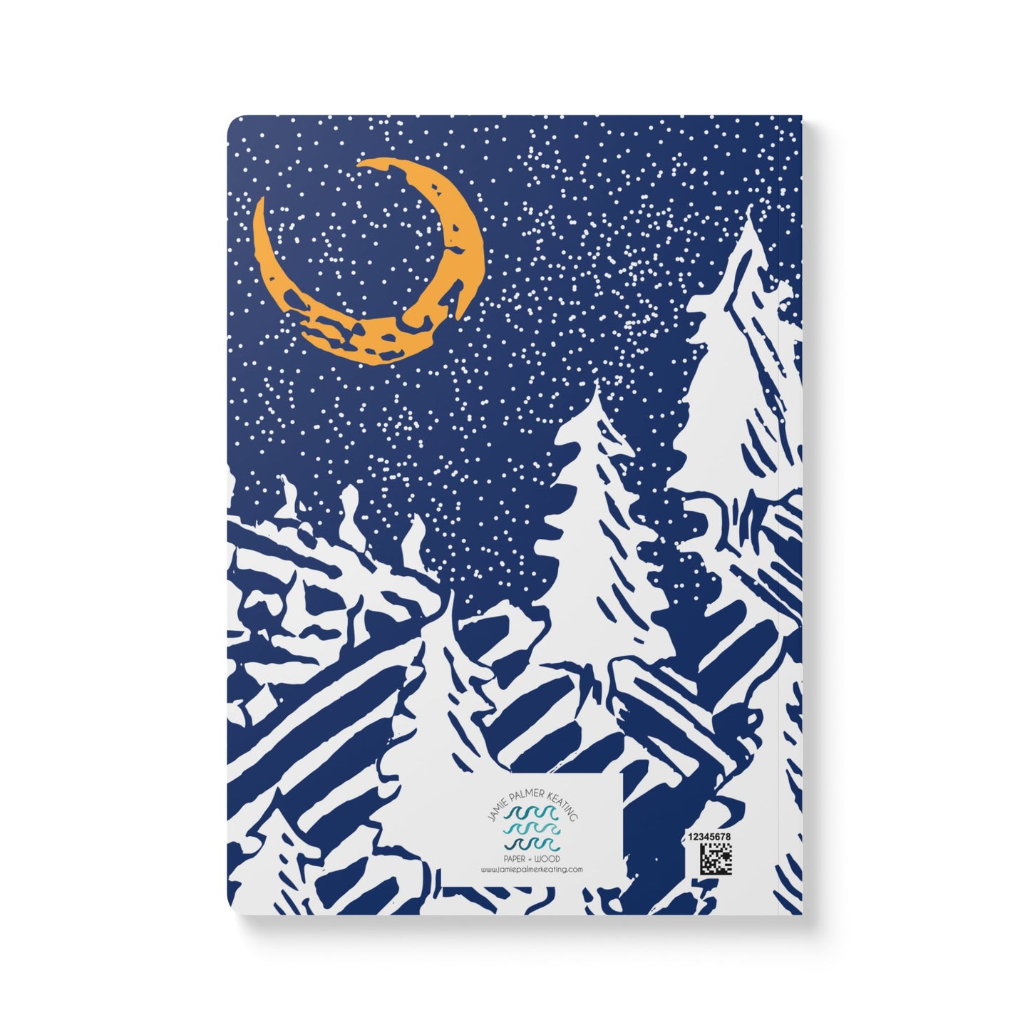 A yellow crescent moon hands in a sky of stars over a frosty hill with snow covered pines. Navy blue background.