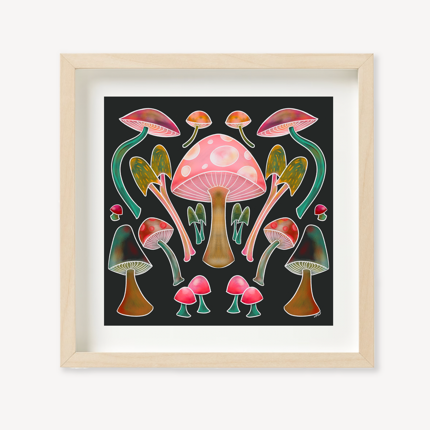 These Happy Mushrooms are illustrated with vibrant colors to create peachy keen nature imagery to soothe the soul.