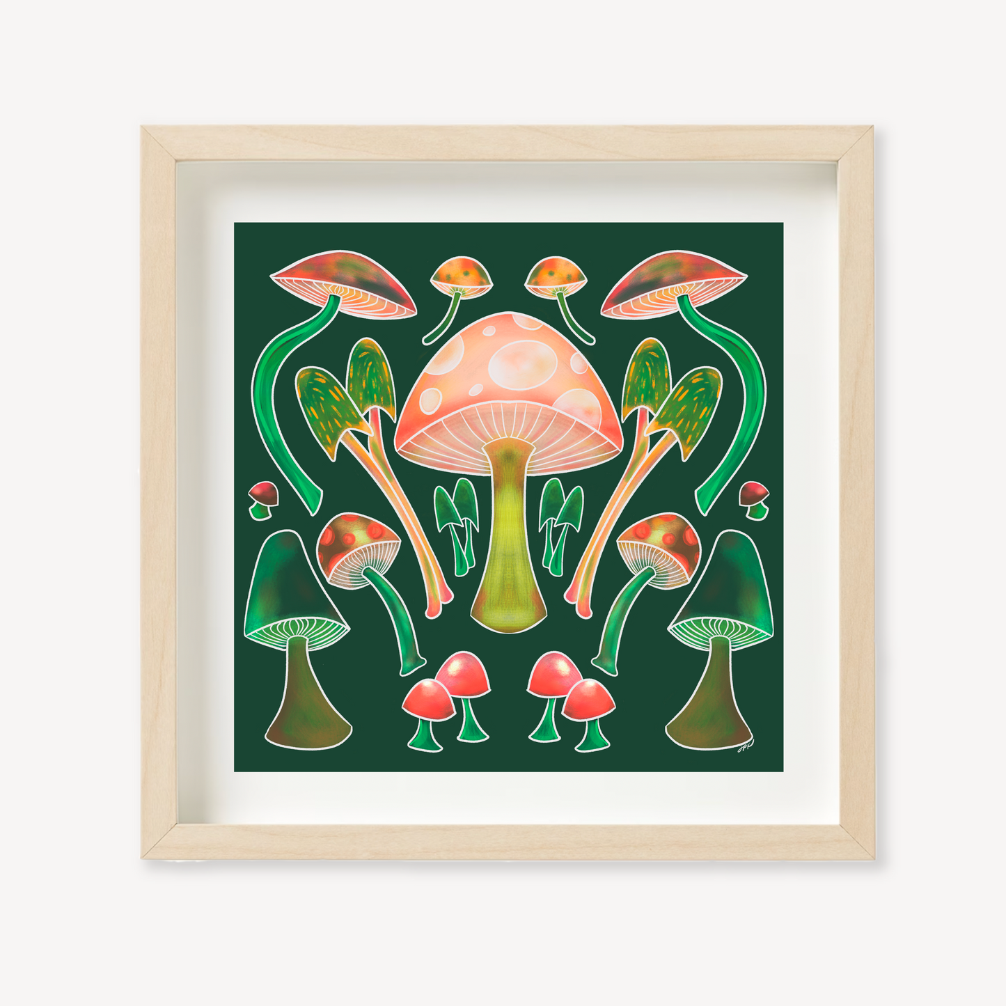 These Happy Mushrooms are illustrated with vibrant colors to create peachy keen nature imagery to soothe the soul.