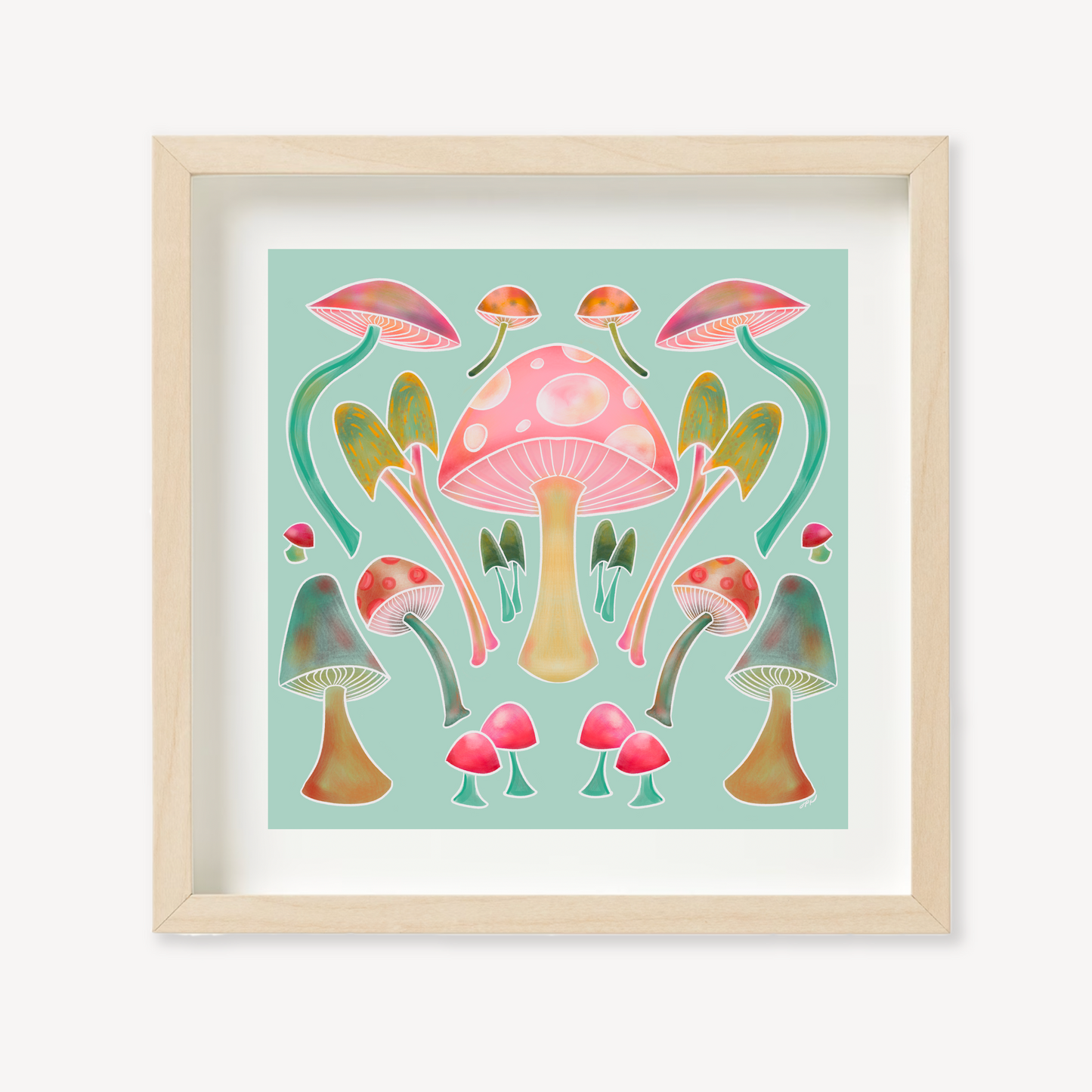 These Happy Mushrooms are illustrated with vibrant colors to create peachy keen nature imagery to soothe the soul.