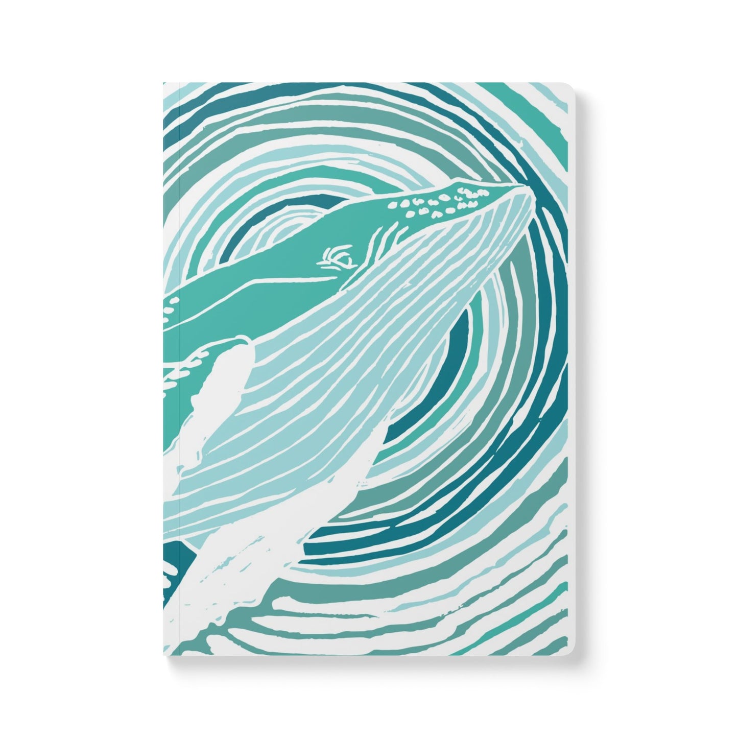 A teal blue humpback whale swims over waves of blue.