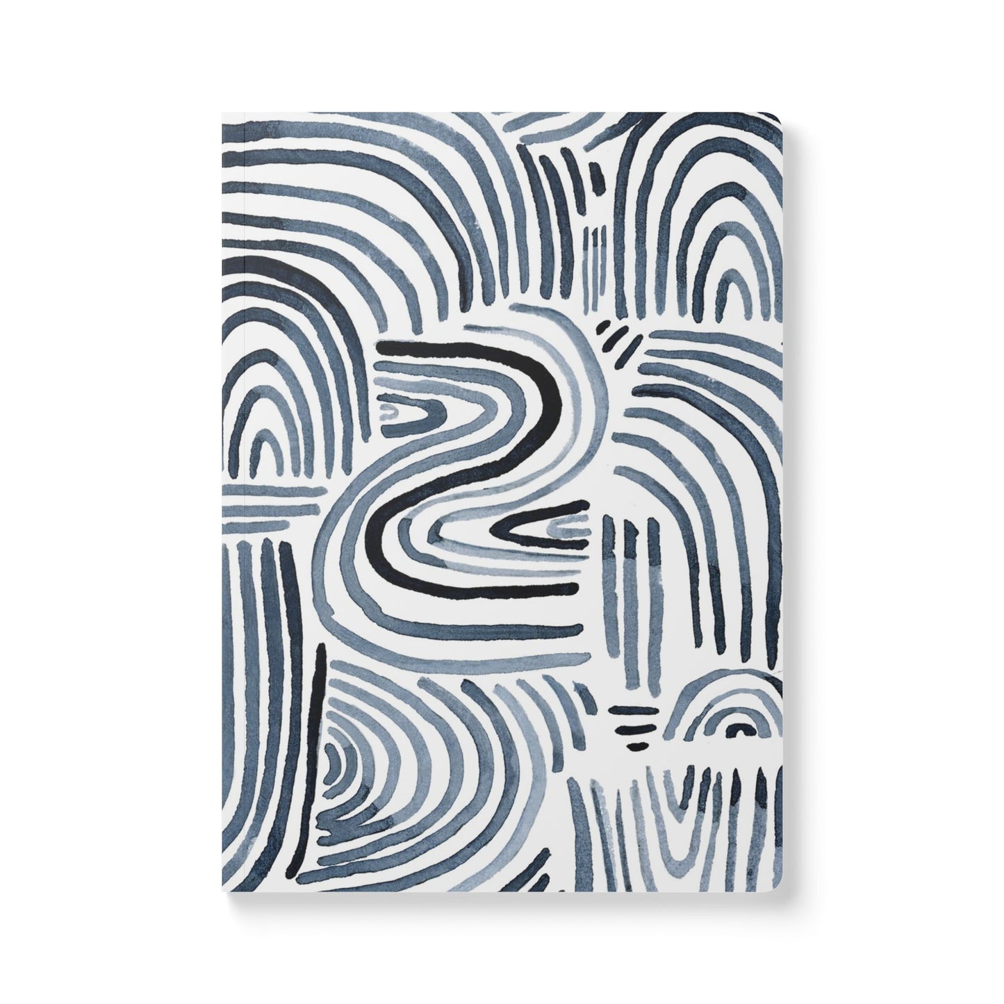 Indigo blue ink make hand-painting waves on a white cover.