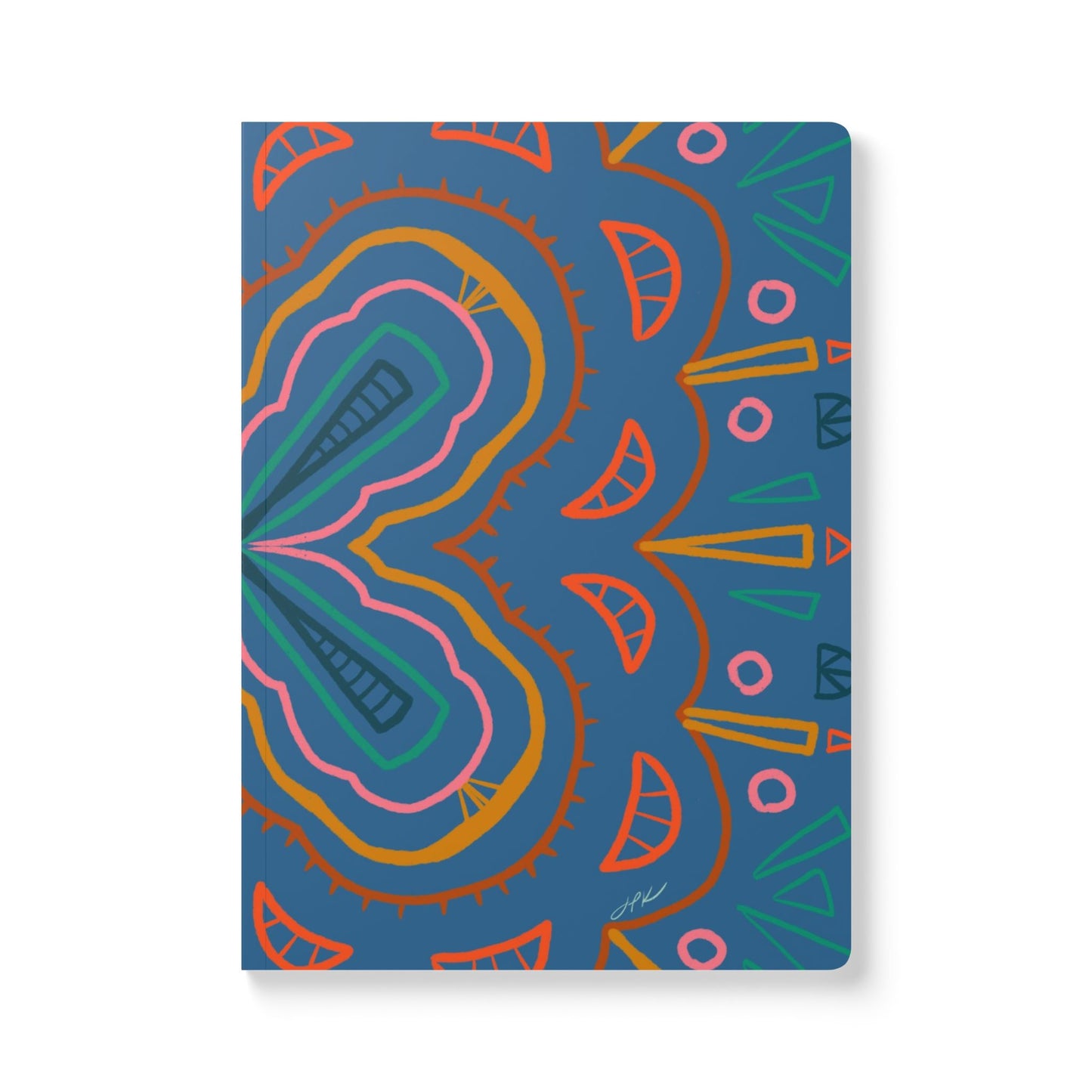 Mandala designs in gold, red, pink and green on a cornflower blue background.