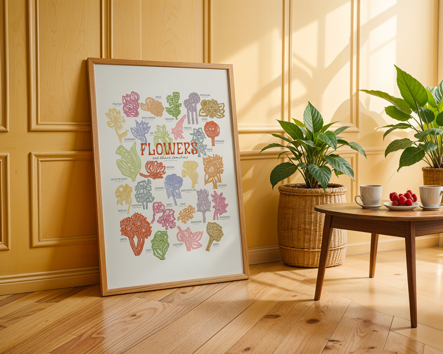 Framed artwork of floral illustrations on a wall with plants and a table in the background.