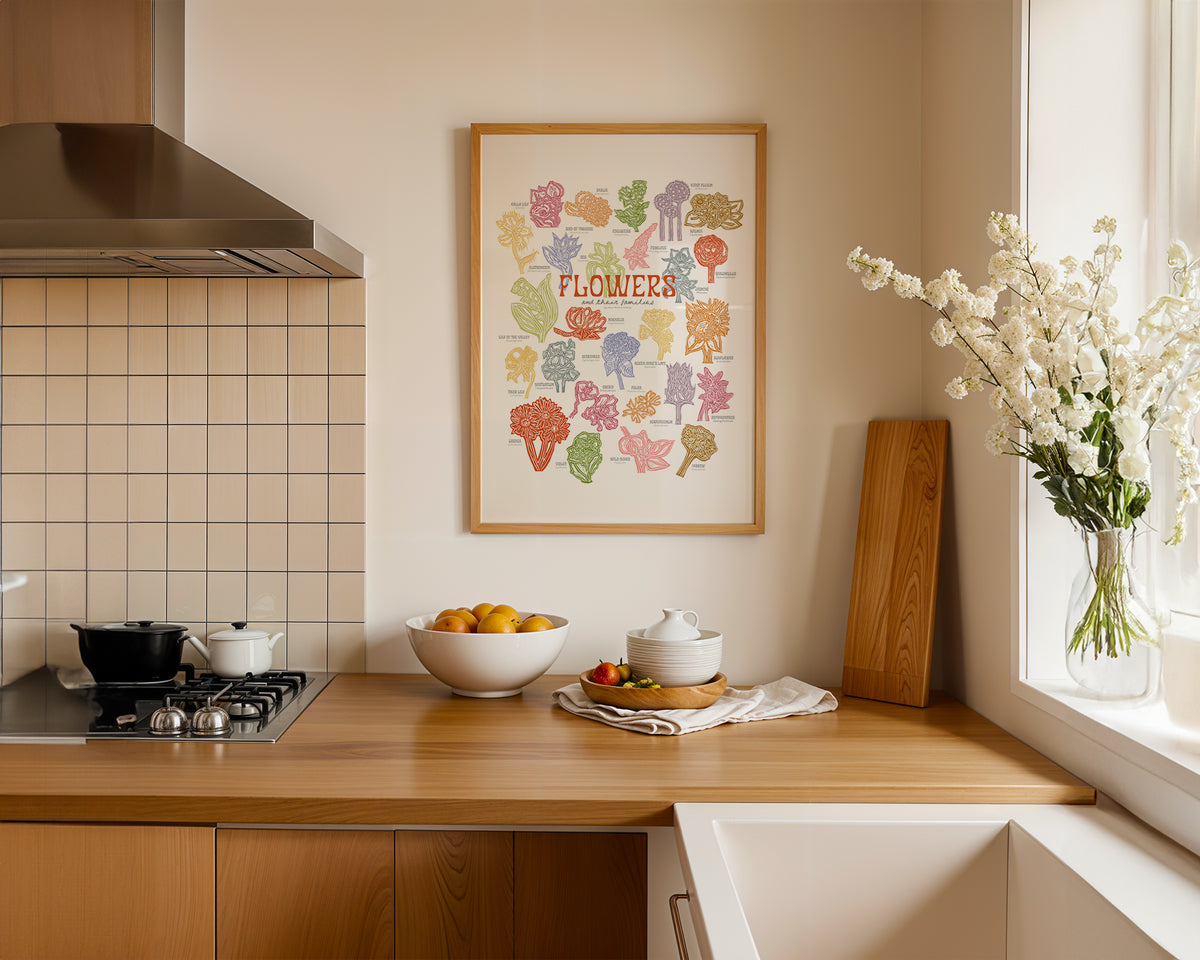 Kitchen with wooden cabinets, a stove, and a decorative floral poster on the wall.