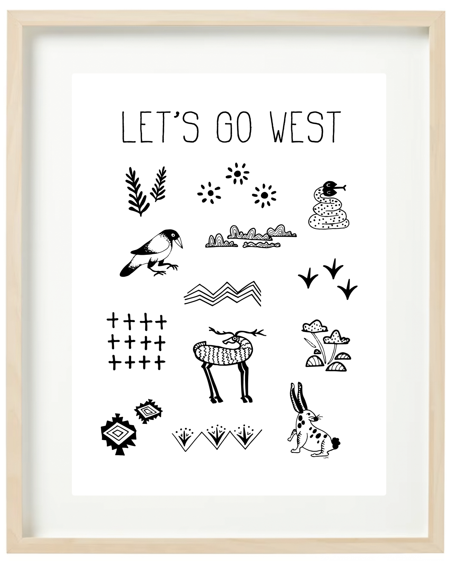 Handwritten thin letters spelling out “Let’s Go West.” Illustrated characters in black on a. white background with clean lines, include snake, crow, deer and rabbit with flora and fauna. Inspired by the southwest and western United States.