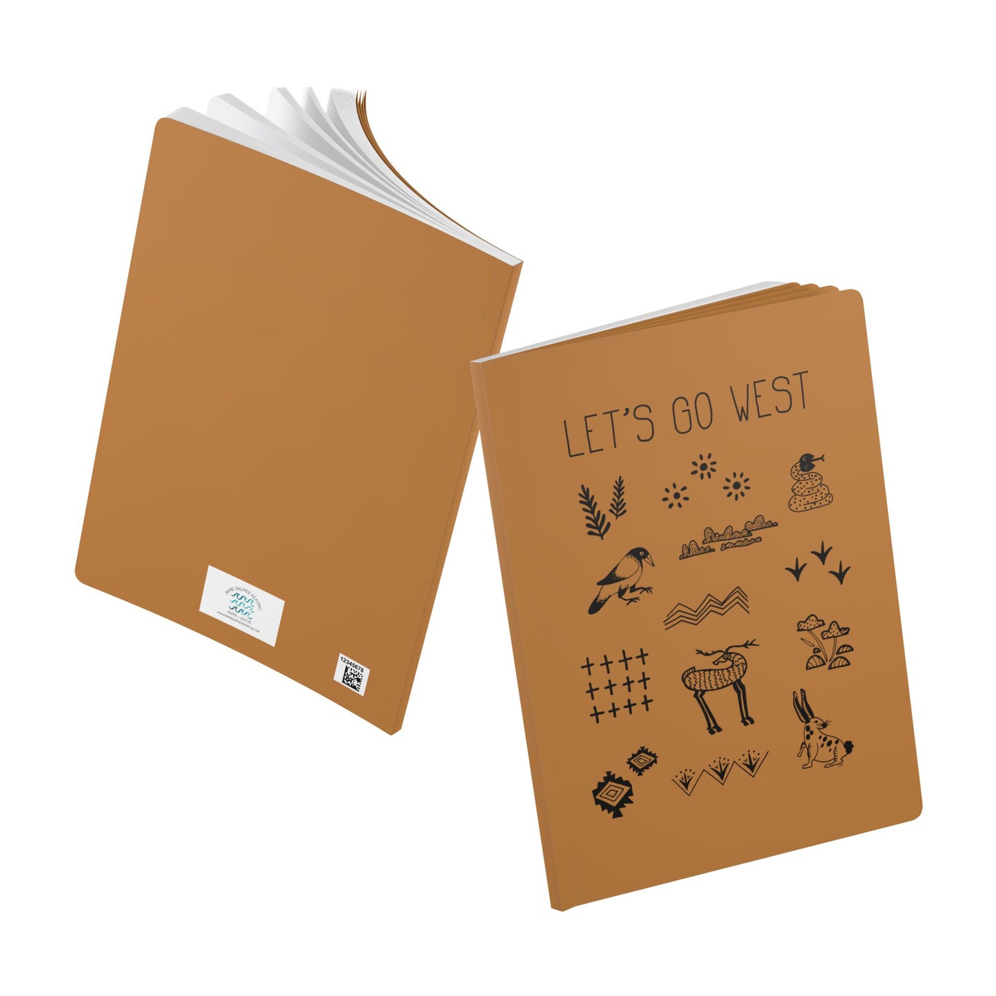 Handwritten thin letters spelling out “Let’s Go West.” Illustrated characters in black on a. white background with clean lines, include snake, crow, deer and rabbit with flora and fauna. Inspired by the southwest and western United States.