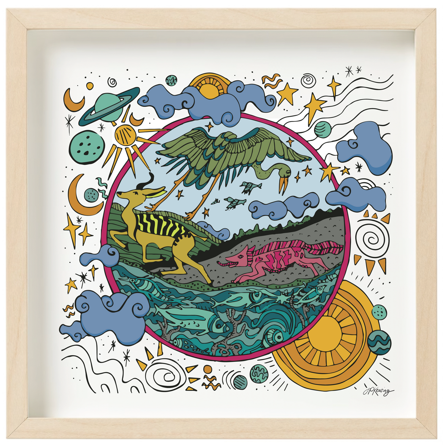 An illustration in the Art Nouveau style with colorful jewel-toned animals in nature within a circular composition, set in a larger frame of planets, clouds, moons and stars.