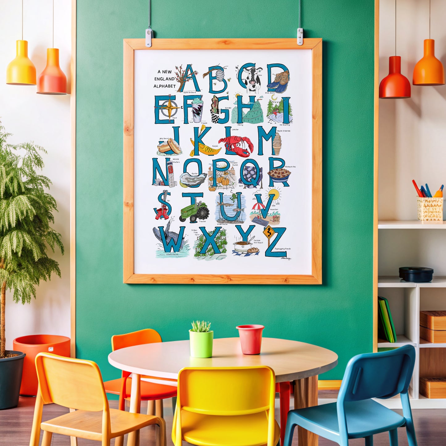 An illustrated alphabet of New England objects associated with each letter. Blue hand-drawn letters with colorful objects on a white background.