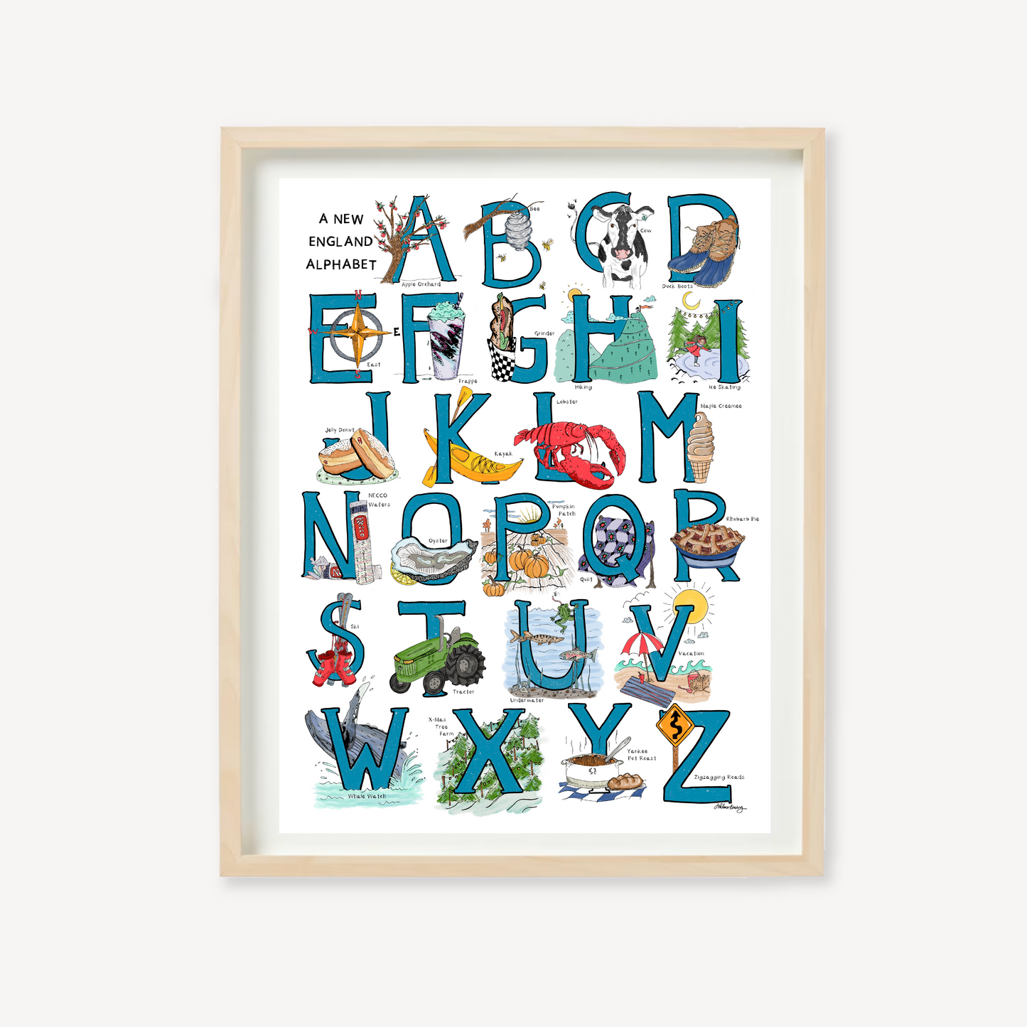 An illustrated alphabet of New England objects associated with each letter. Blue hand-drawn letters with colorful objects on a white background.