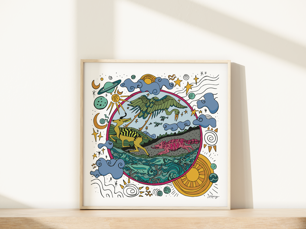 Colorful framed artwork with abstract designs on a white wall.