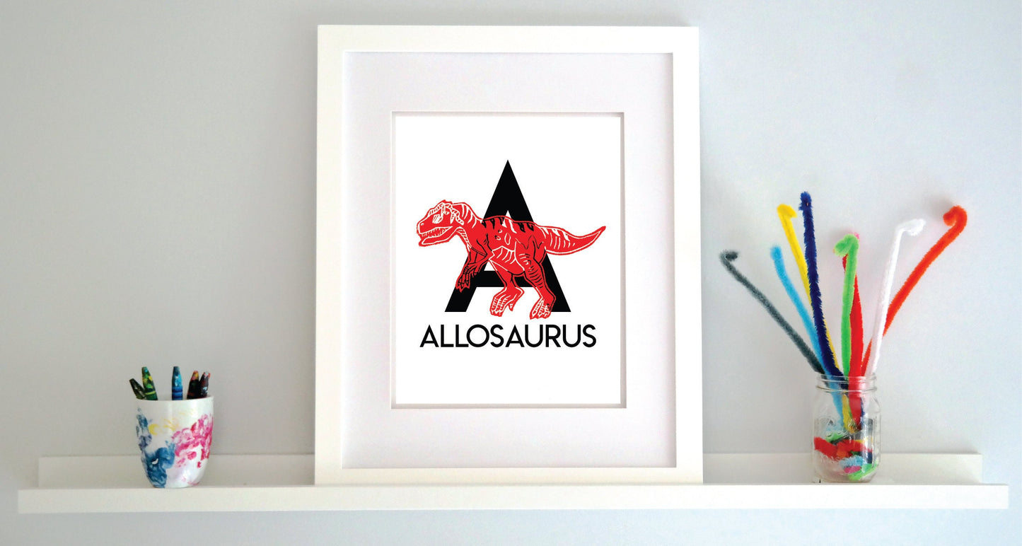 Bold modern letter A in black with “Allosaurus” printed below. Printed dinosaur in color appears over the letter to created an alphabet art print.