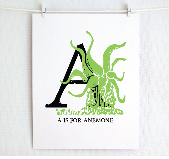 An illustrated lime green anemone with done in printmaking style over decorative style block lettering text “A” with “A for Anemone” text printed below.