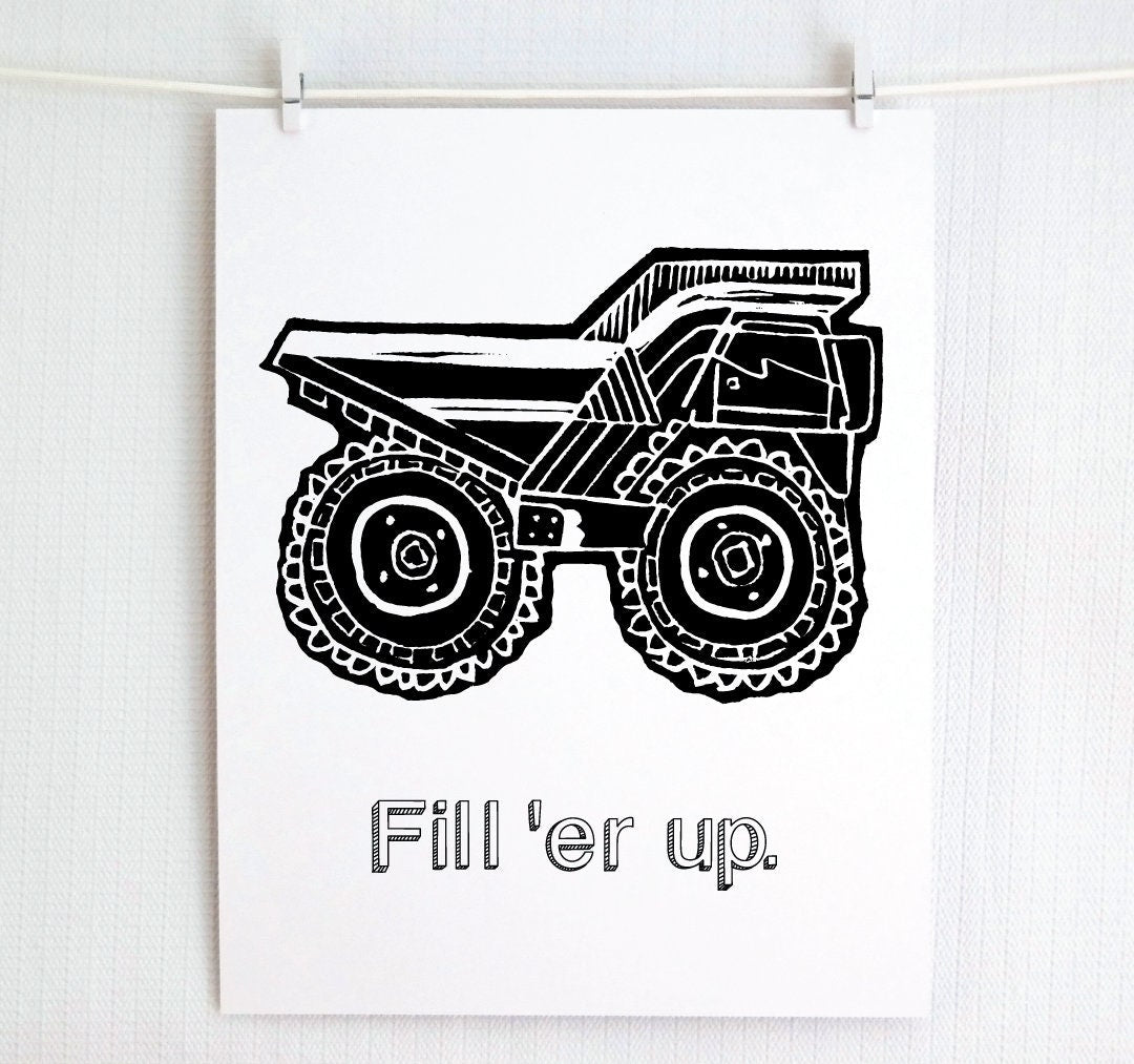 Black dump truck illustration in a white frame by Jamie Palmer Keating