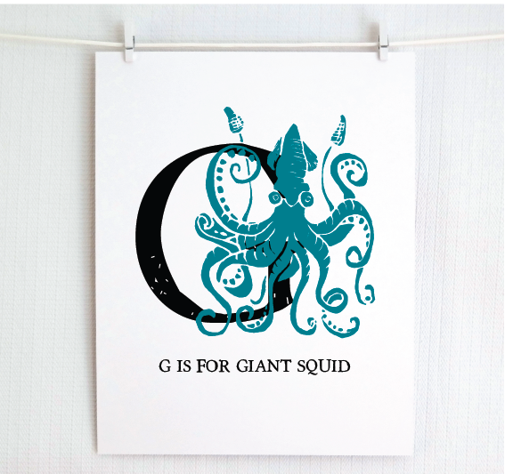 G is for Giant Squid Illustrated Print
