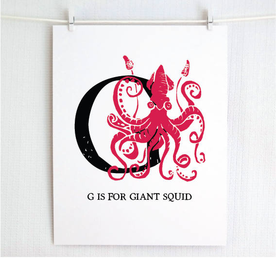 G is for Giant Squid Illustrated Print