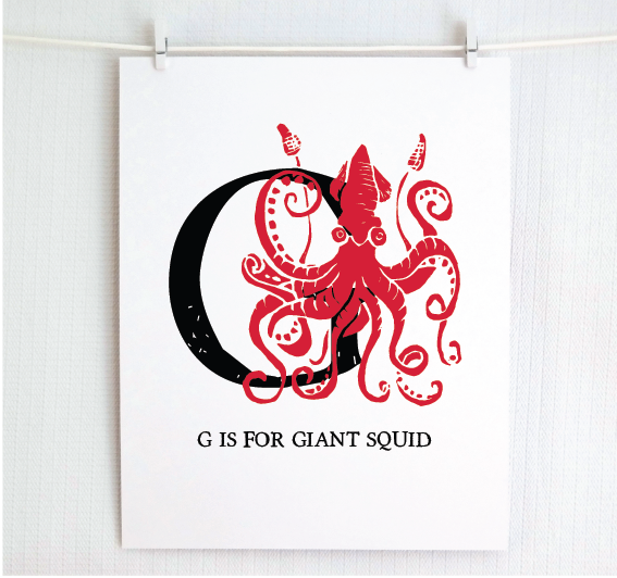 G is for Giant Squid Illustrated Print