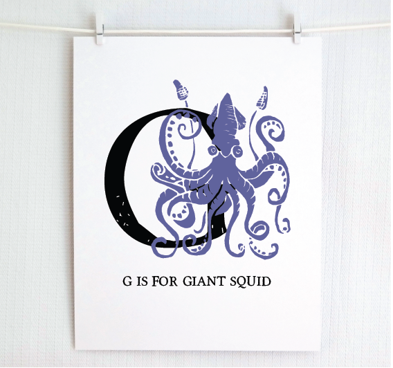 G is for Giant Squid Illustrated Print