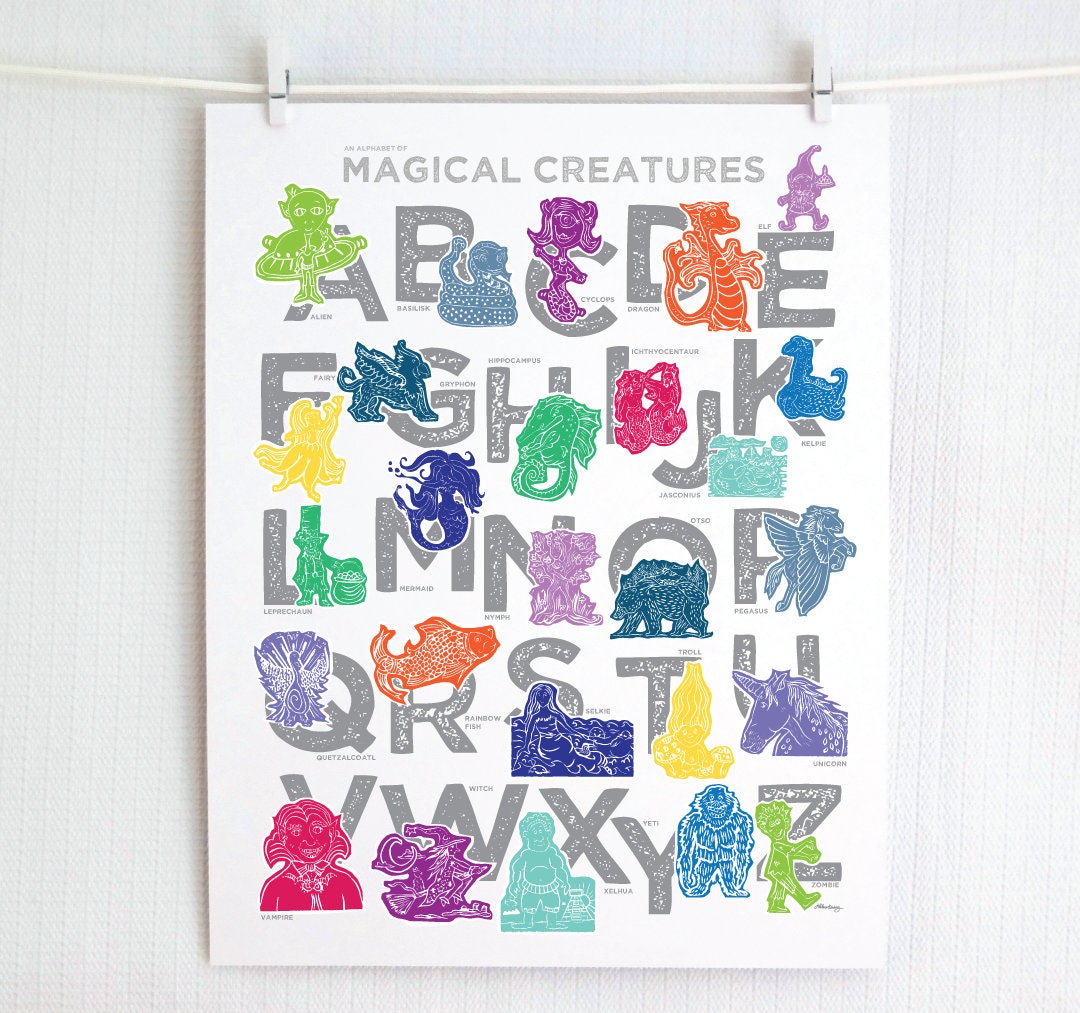 Colorful illustrated magical creatures for every letter of the alphabet printed on a white background. Chunky illustrated letters in gray sit behind each character. Colors are jewel-toned and include pinks and purples, blues and greens, yellows and reds.