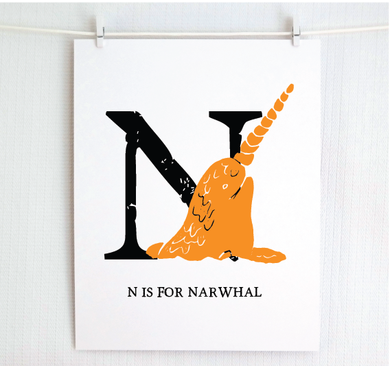 N is for Narwhal Illustrated Print