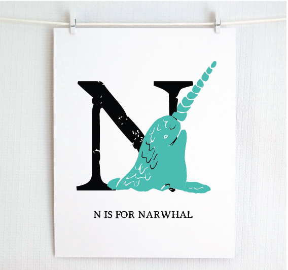 N is for Narwhal Illustrated Print