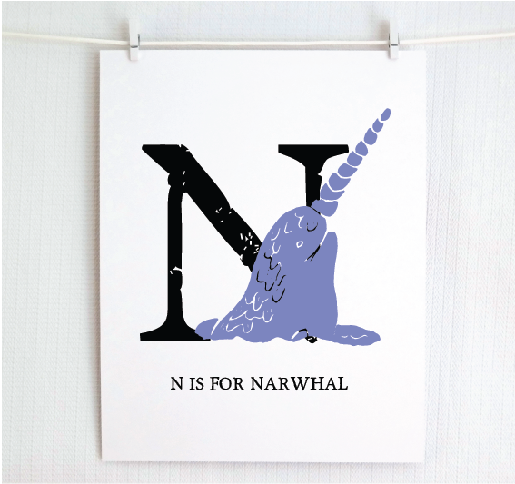 N is for Narwhal Illustrated Print
