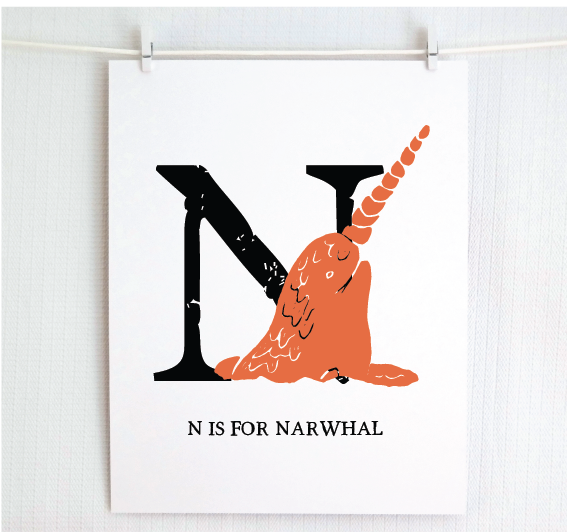 N is for Narwhal Illustrated Print