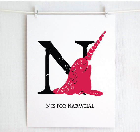 N is for Narwhal Illustrated Print