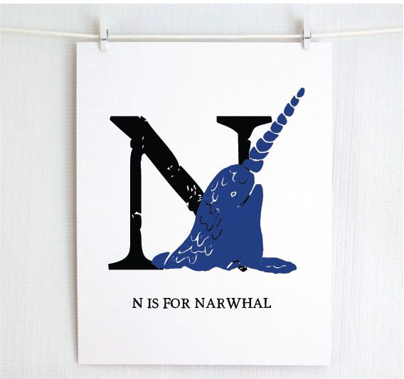 N is for Narwhal Illustrated Print
