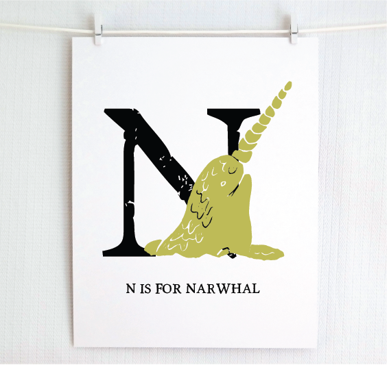 N is for Narwhal Illustrated Print