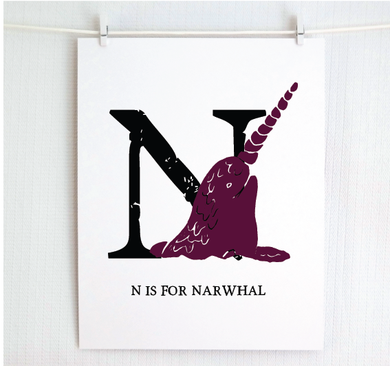 N is for Narwhal Illustrated Print