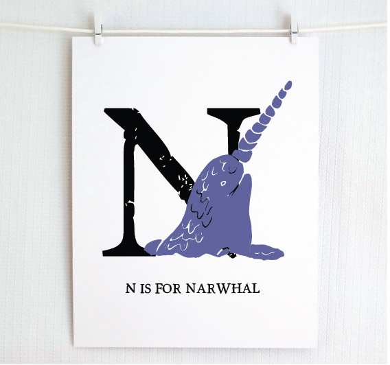 N is for Narwhal Illustrated Print