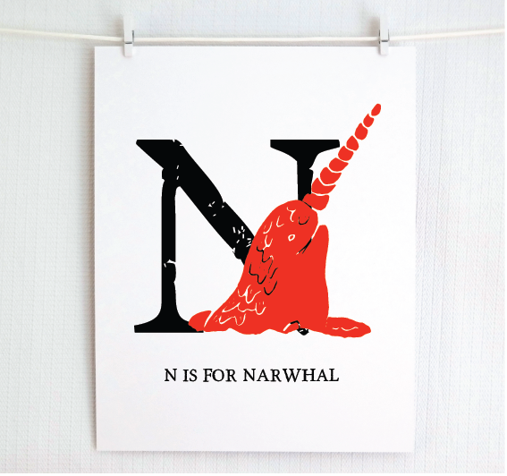 N is for Narwhal Illustrated Print
