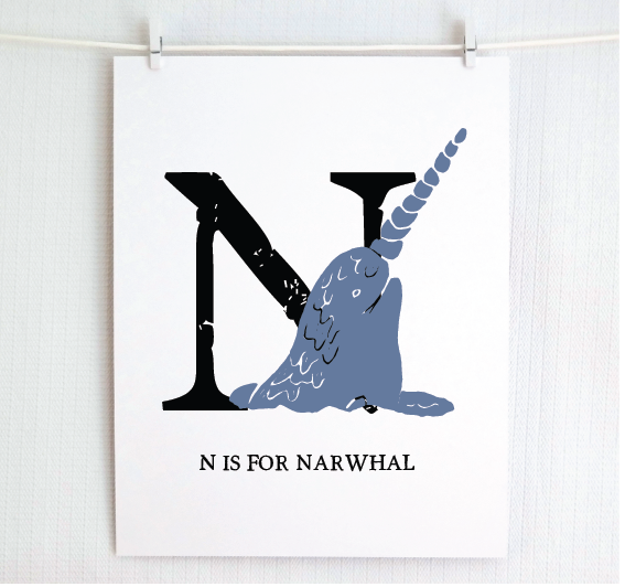 N is for Narwhal Illustrated Print