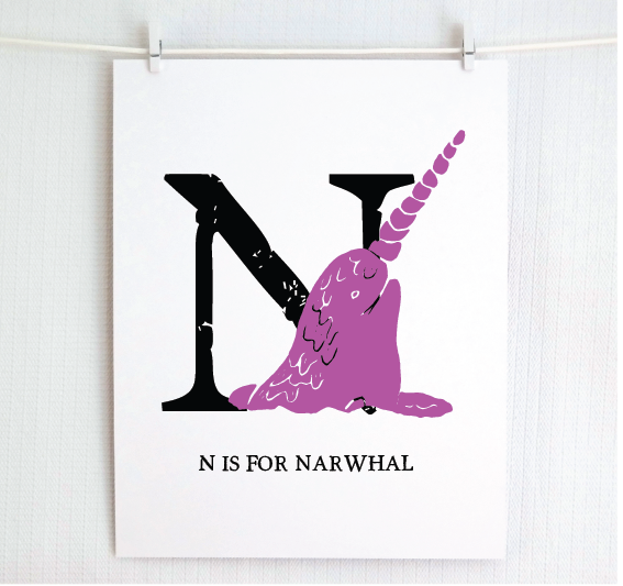 N is for Narwhal Illustrated Print