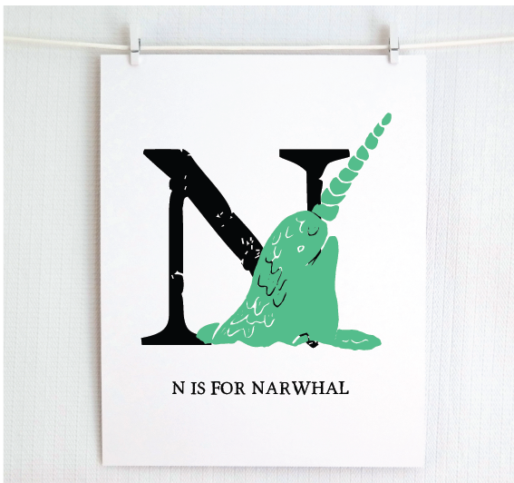 N is for Narwhal Illustrated Print