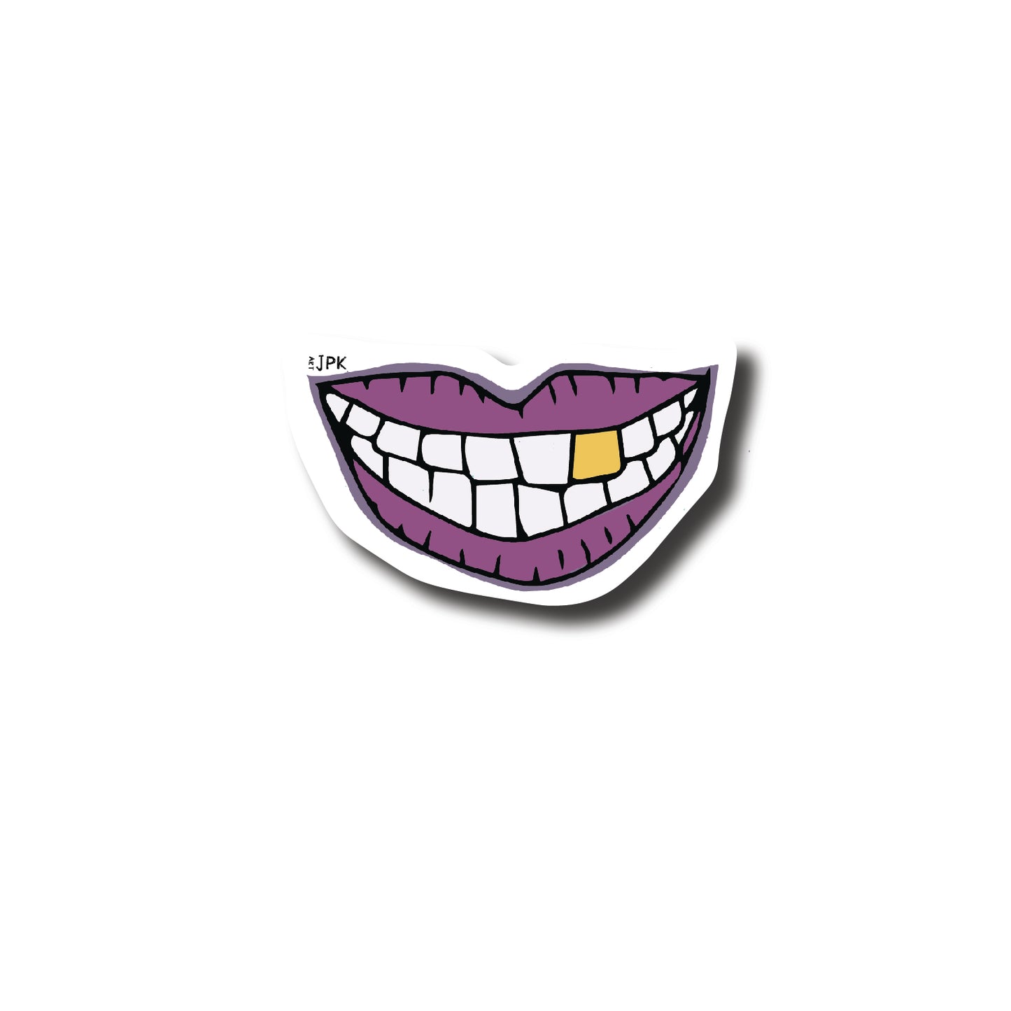A purple lipped smiling face with an upper gold tooth. White outline and signature of artist.