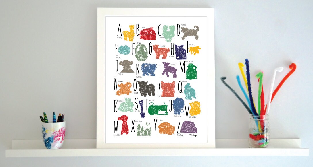 Farm Animal Alphabet Woodblock Print