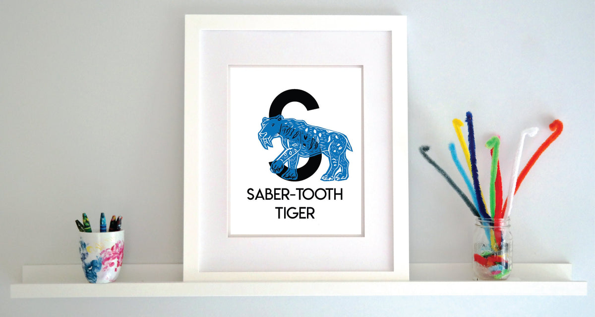 S is for Saber-Tooth Tiger Illustrated Print