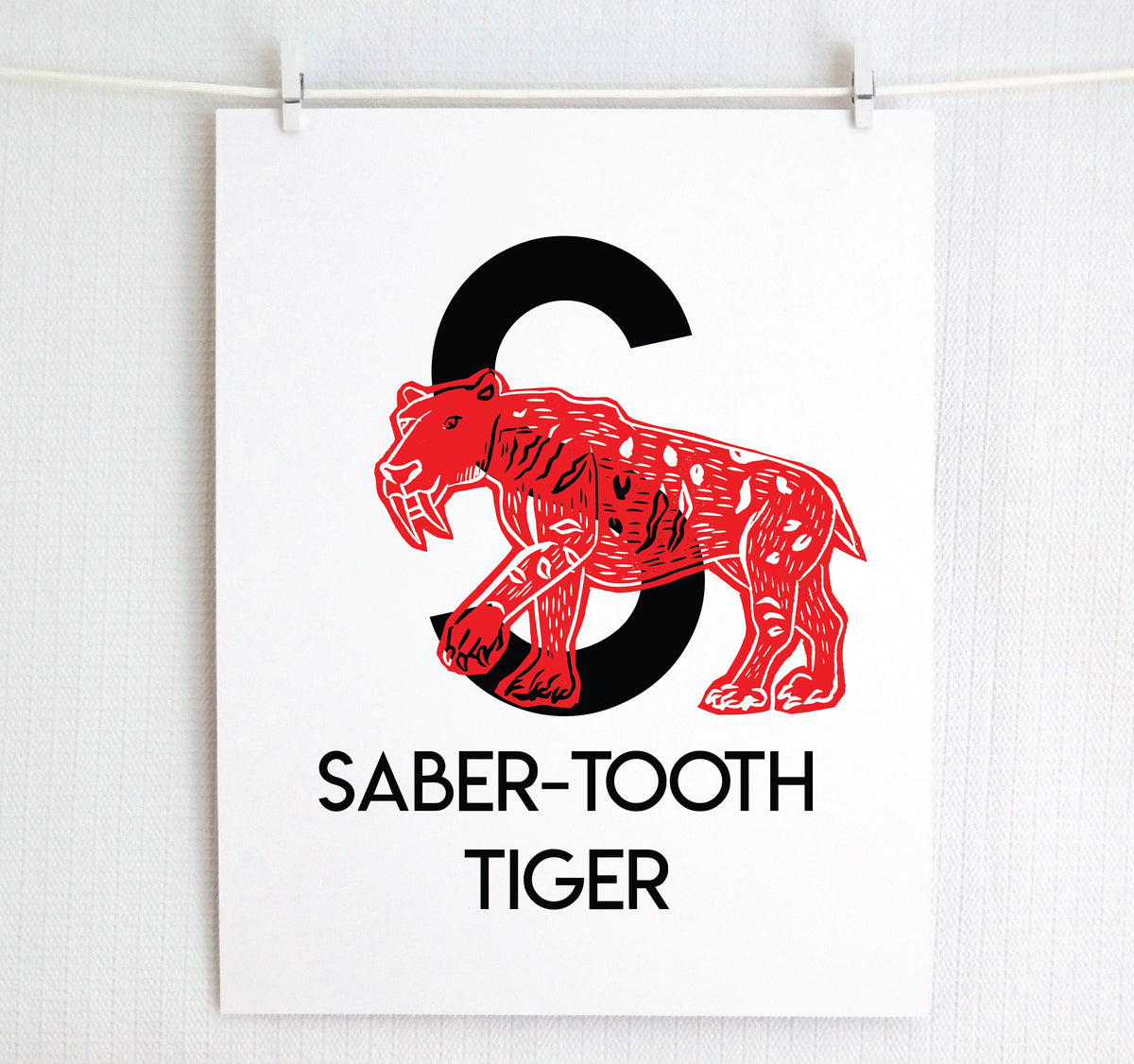 S is for Saber-Tooth Tiger Illustrated Print