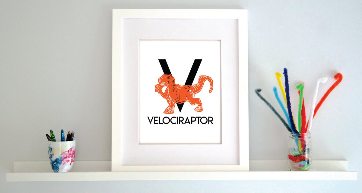 V is for Velociraptor Illustrated Print
