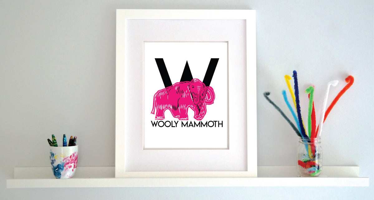 W is for Wooly Mammoth Illustrated Print