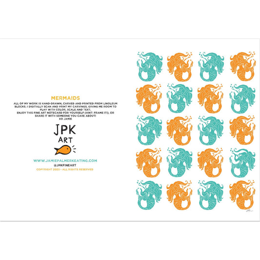 Mermaids, teal and orange: Pack of 10 Folded Cards (standard envelopes) (US & CA)