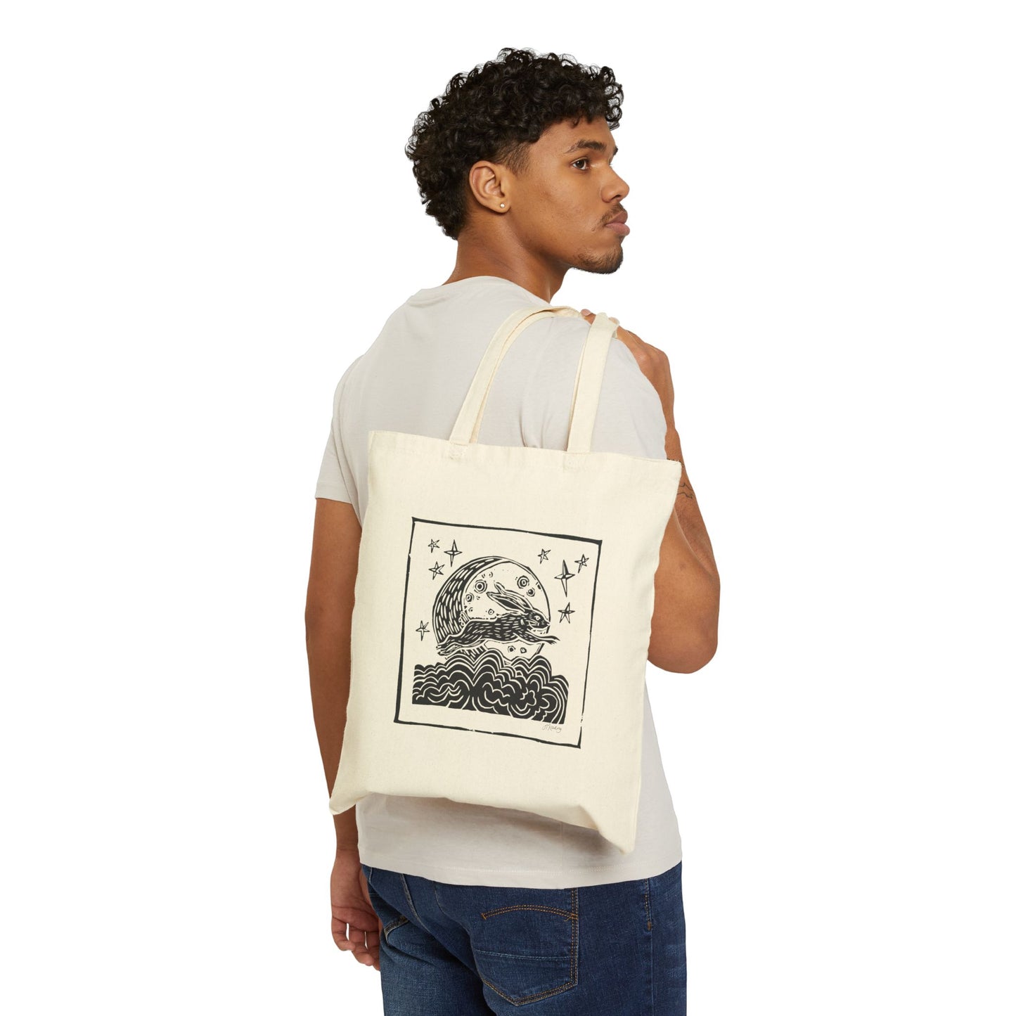 Canvas Tote Bag — Bunny Moon Illustration Tote (Celestial Bunny Graphic)