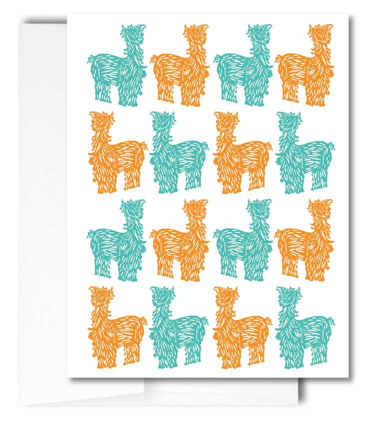 Llama Drama, teal and orange: Pack of 10 Folded Cards (standard envelopes) (US & CA)