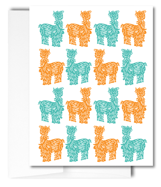 Llama Drama, teal and orange: Pack of 10 Folded Cards (standard envelopes) (US & CA)